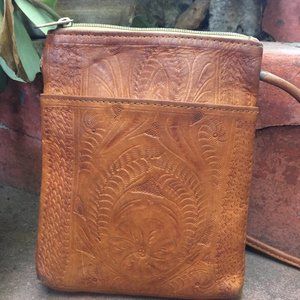 Vintage small tooled leather crossbody bag